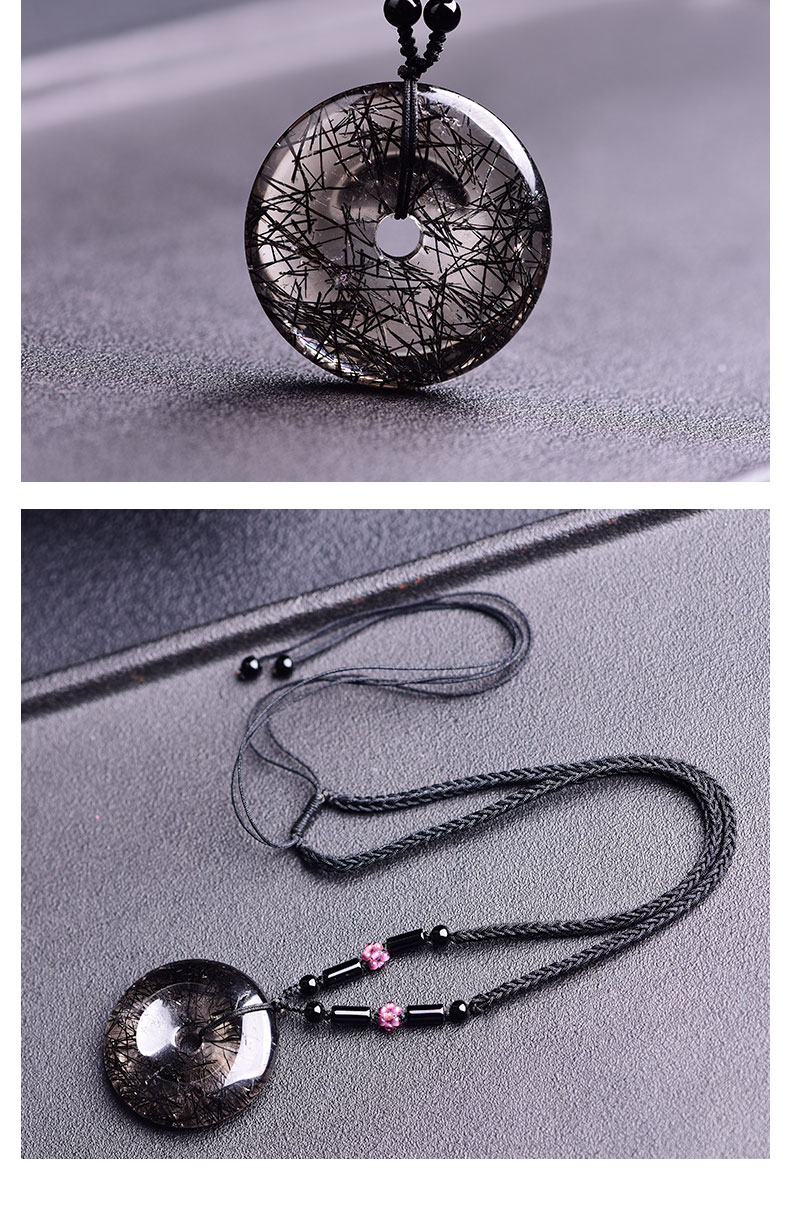 宫艳天然黑发晶平安扣吊坠生日礼物钛晶黑水晶项链送父母无事牌男女送