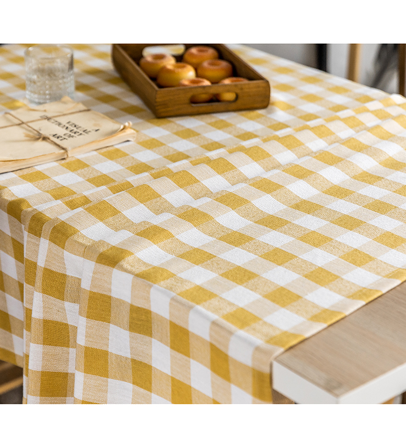 桌布书桌格子黄色田园简约葵黄色方形格子棉麻色织桌布餐桌布茶几边几