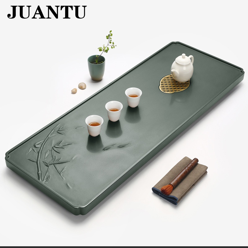 juantu天罗绿石茶盘家用禅意功夫茶具中式复古石材茶台刻字茶具天青石