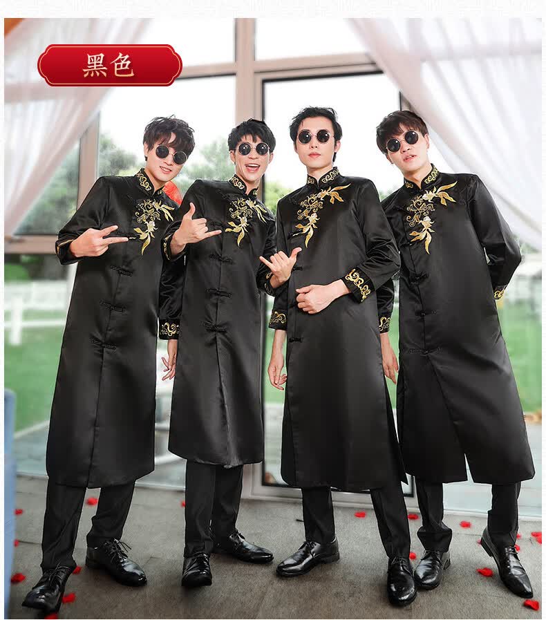 中式伴郎服男汉服结婚礼服大马褂兄弟团新郎唐装旗袍秀禾服装嘉佐适