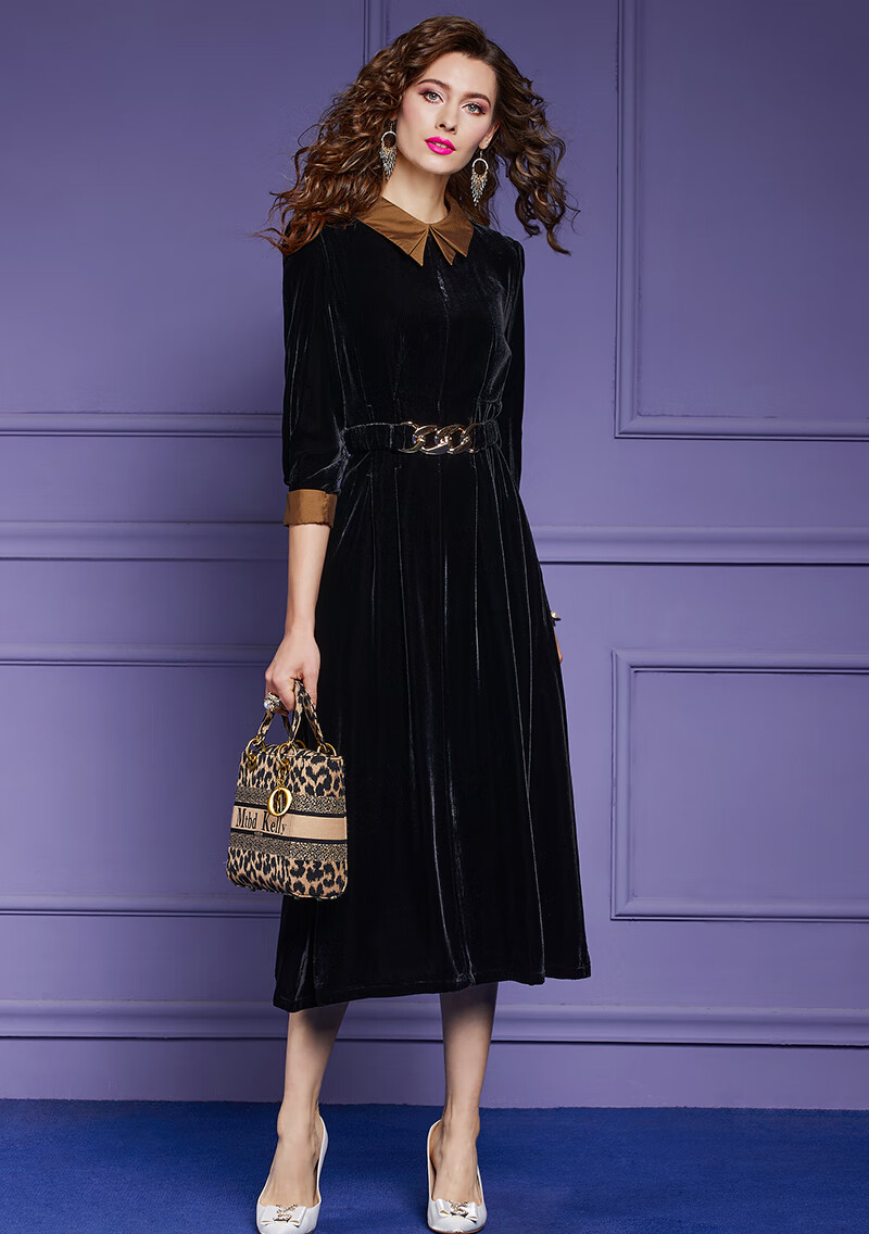 菲梦伊黑色连衣裙女春装新款法式复古收腰真丝绒衬衫裙中长款裙子黑