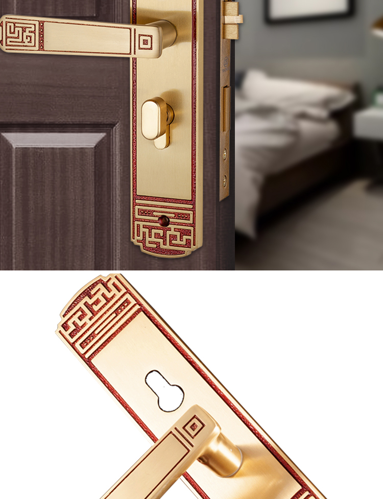 三环纯铜中式静音房门锁室内卧室木门金色全铜锁具门锁家用锁具 拉丝
