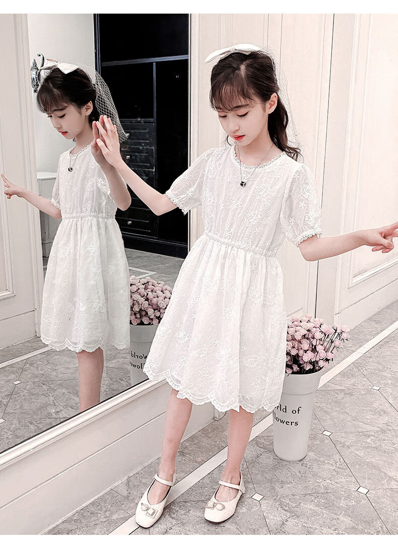 艾诺轮小女孩夏裙大童女夏款裙薄款洋气白纱裙412岁中小学生裙子生