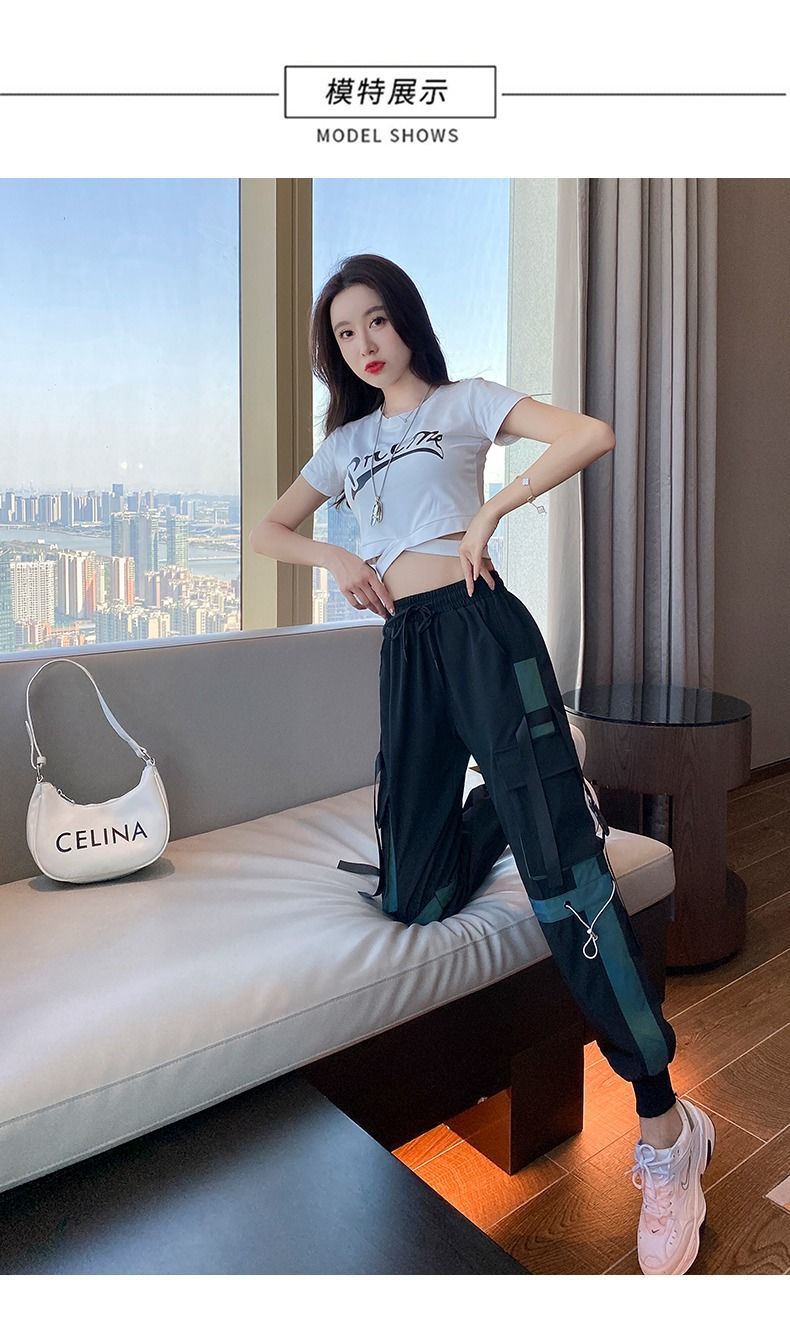 运动工装裤女ins潮牌韩版直筒高腰宽松休闲速干显瘦束脚裤子鹿凌青 f