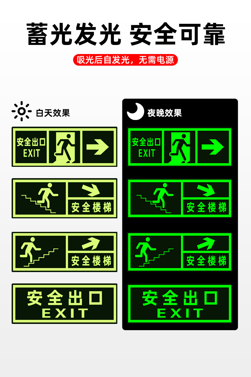 商用箭头指示地贴20张安全出口指示牌夜光防滑耐磨地贴荧光墙贴楼梯