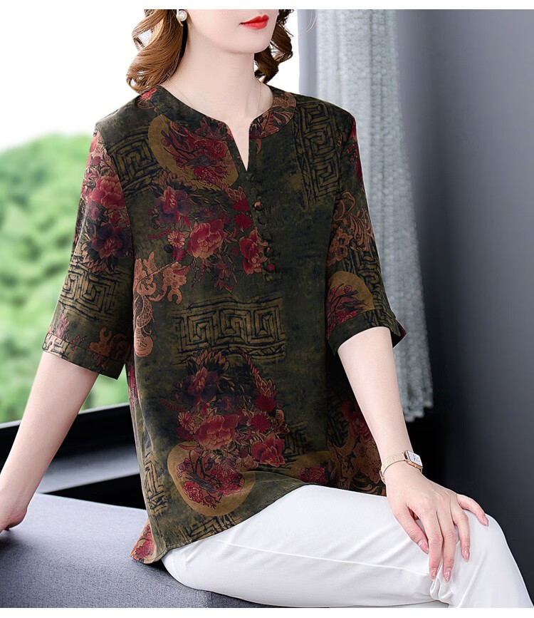 桑蚕丝上衣妈妈装50岁妈妈真丝中袖七分袖衬衫中老年香云纱大码女装