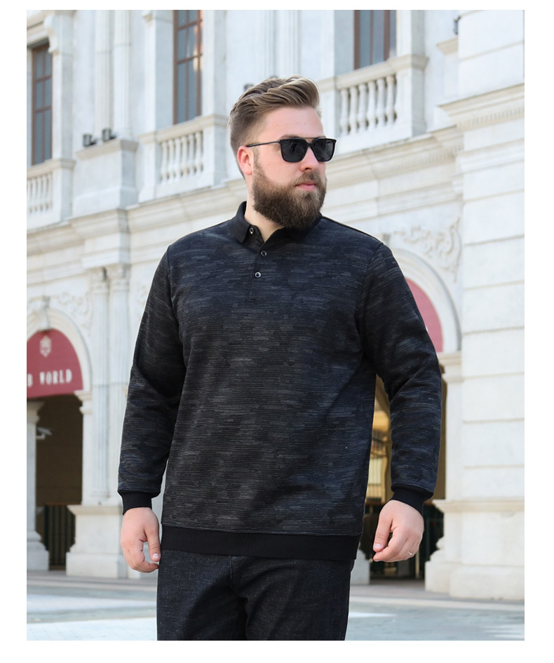 伯莎丹顿轻奢品牌男装翻领提花polo衫冬季大码加绒加厚螺纹长袖胖子加