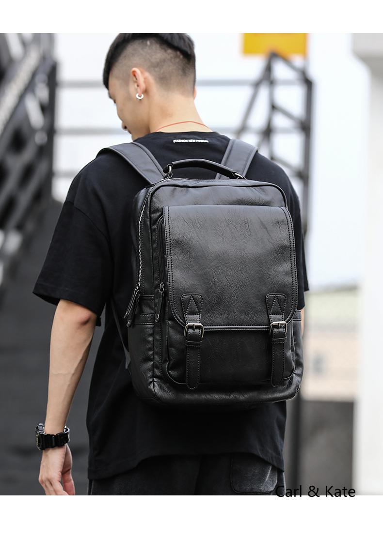 carlkate时尚潮流ck双肩包男皮质商务简约背包中学生书包个性旅行电脑