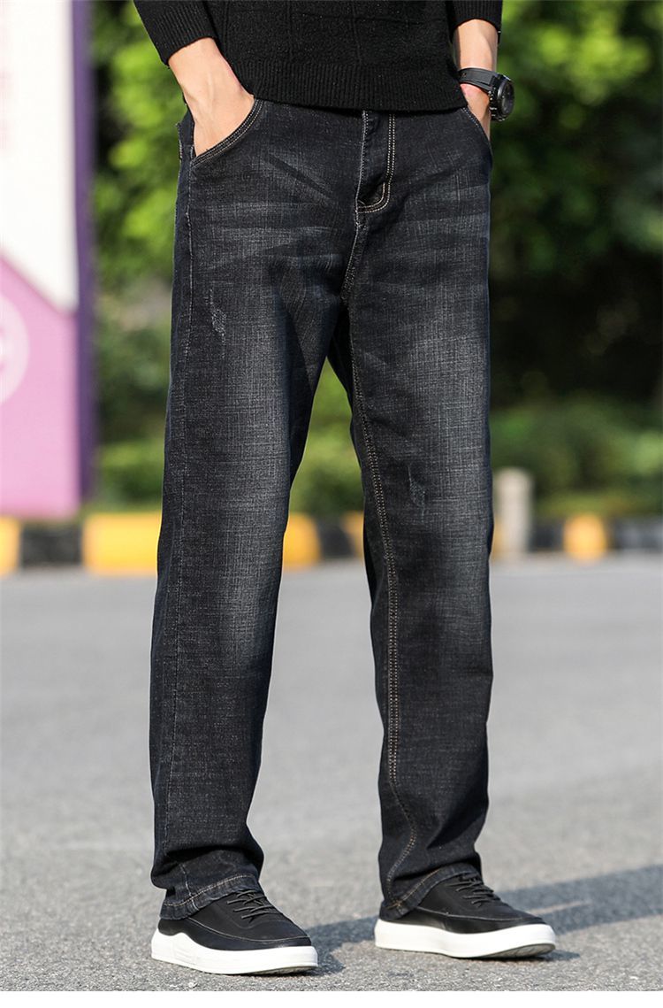 高品质春夏季牛仔裤黑色牛仔裤男士宽松直筒秋冬新款弹力大码宽腿大脚