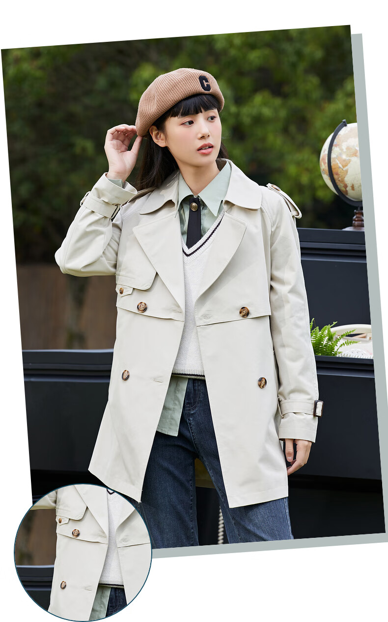 紫涵休闲双排扣风衣女2022春季新款纯色女外套腰带小个子简约上衣卡其