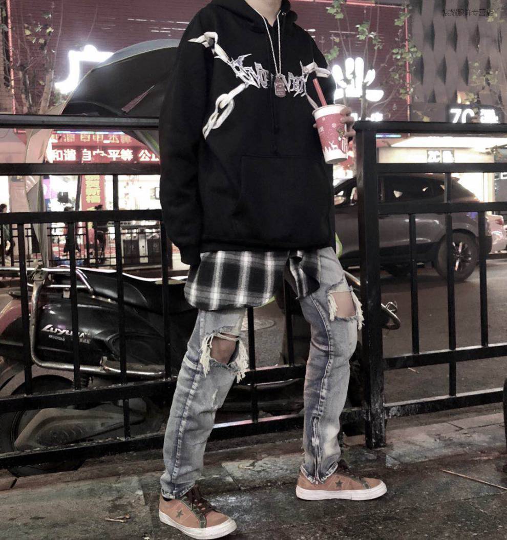 fog风格复古高街破洞牛仔裤长裤修身小脚牛仔裤男ins牛仔裤潮男 黑色