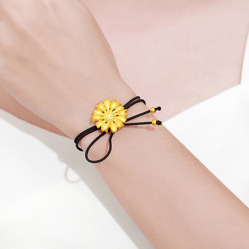 999足金向日葵黄金手链女3d硬金转运珠马尾太阳花头绳扎头发头饰手绳
