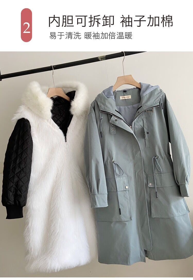 茵侈派克服女新款2021秋冬季过膝长款仿狐狸毛内胆可拆卸皮草保暖大衣