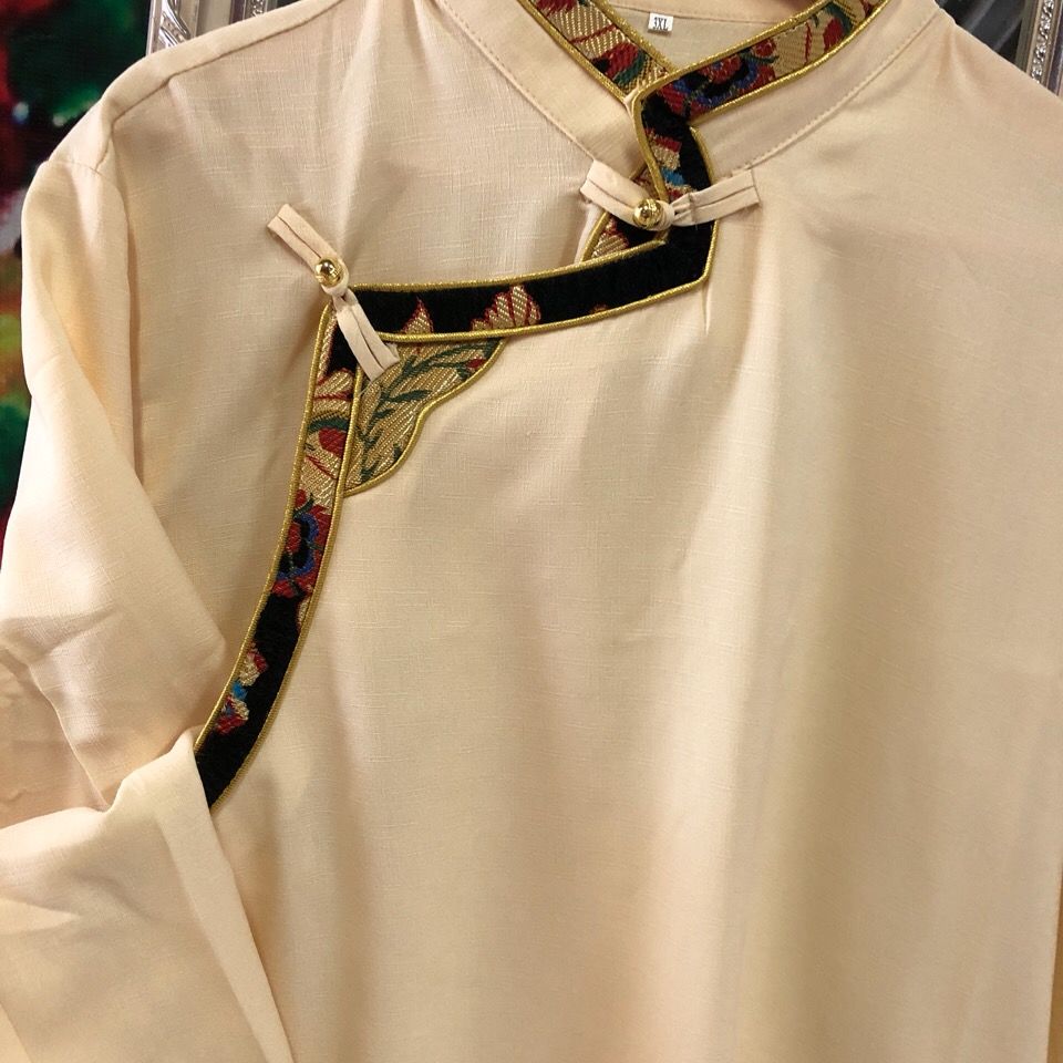 藏装男士西藏棉麻镶边藏式藏袍生活锅庄表演演出藏族服装衬衣上衣衬衣