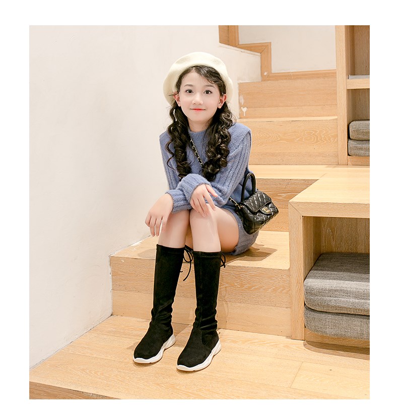 布乐鼠女童靴子秋冬新款儿童长筒单靴小女孩弹力靴长靴女学生高筒靴