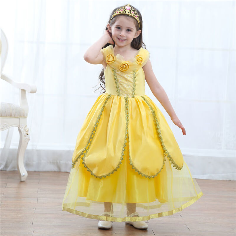官方授权迪士尼贝儿公主裙女童夏款儿童节圣诞节黄色舞会贝尔美女与