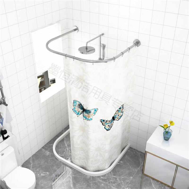 防水u型浴室隔断帘伸缩浴帘杆浴帘套装免打孔u形淋浴帘弧形卫生间