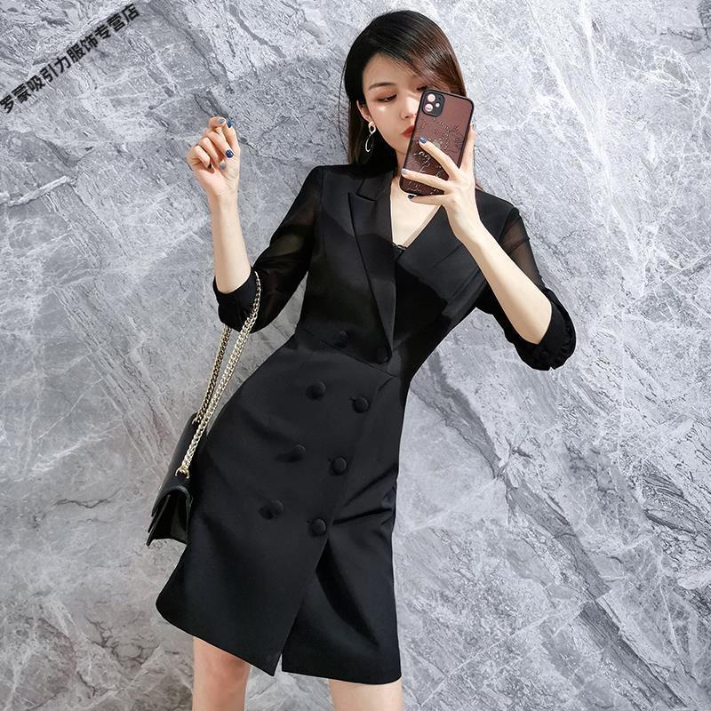 罗蒙高档品牌特价捡漏黑色西装连衣裙女早秋春女装气质女神范收腰职业