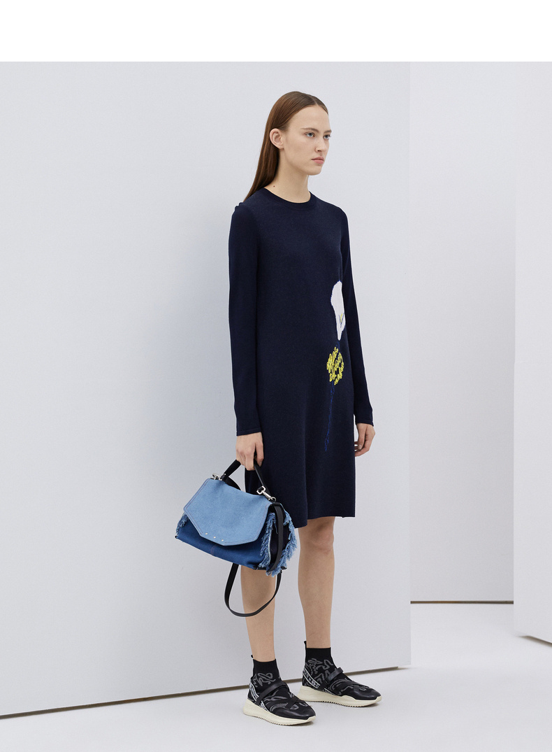 marisfrolg玛丝菲尔羊毛针织连衣裙女2020春季新款深蓝色长袖裙子深