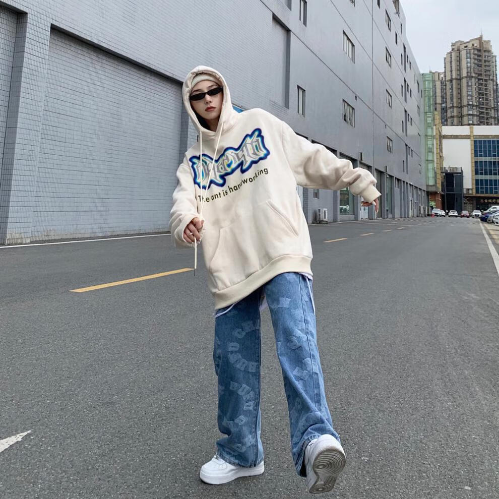 马思唯同款裤子高街ins潮牌美式hiphop印花甜酷牛仔裤女夏季薄款 蓝色