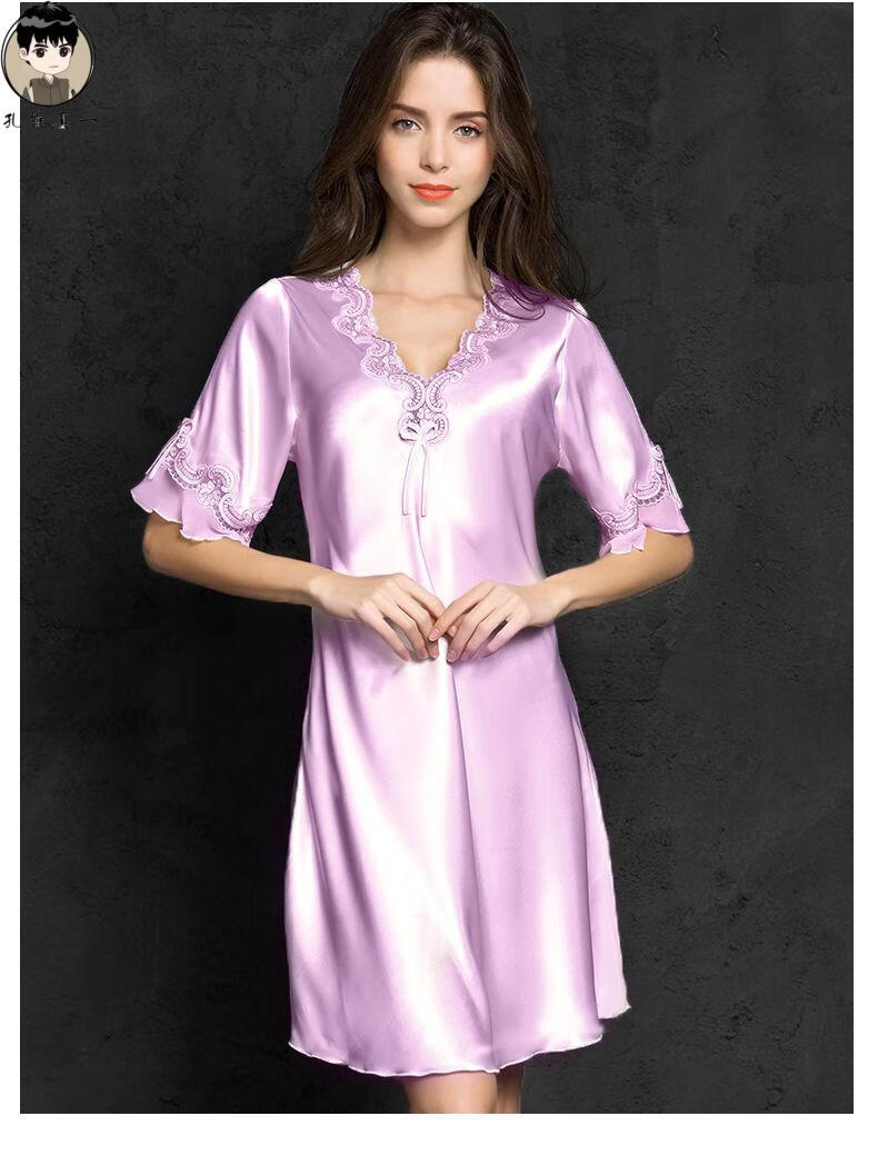 新品上市冰丝睡衣女夏季性感薄款短袖v领女春秋大码仿绸睡裙家居服