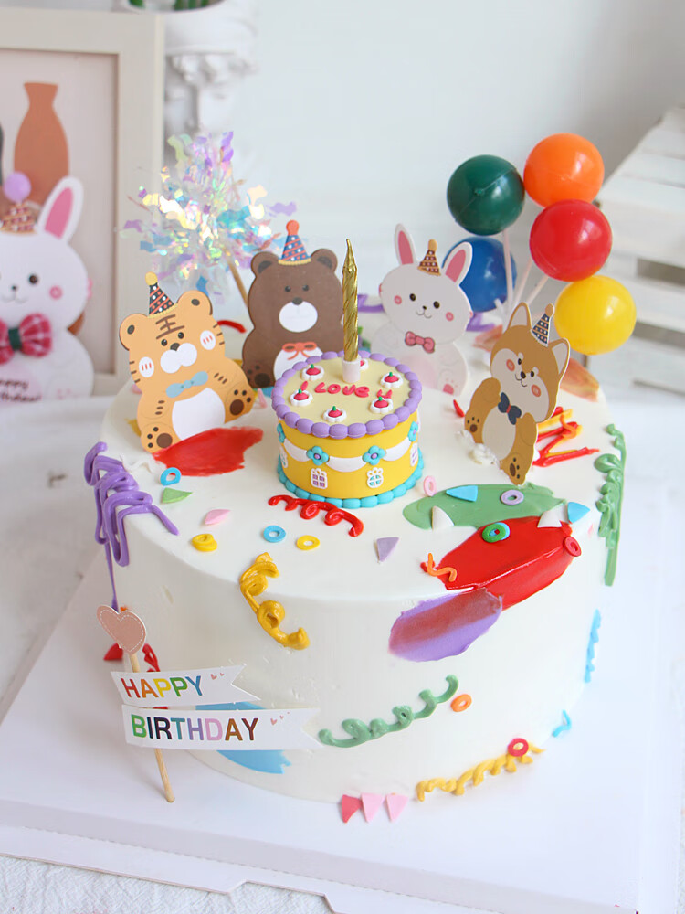 儿童生日蛋糕装饰卡通动物派对帽插牌小兔子狮子小熊小猪纸杯插件2021