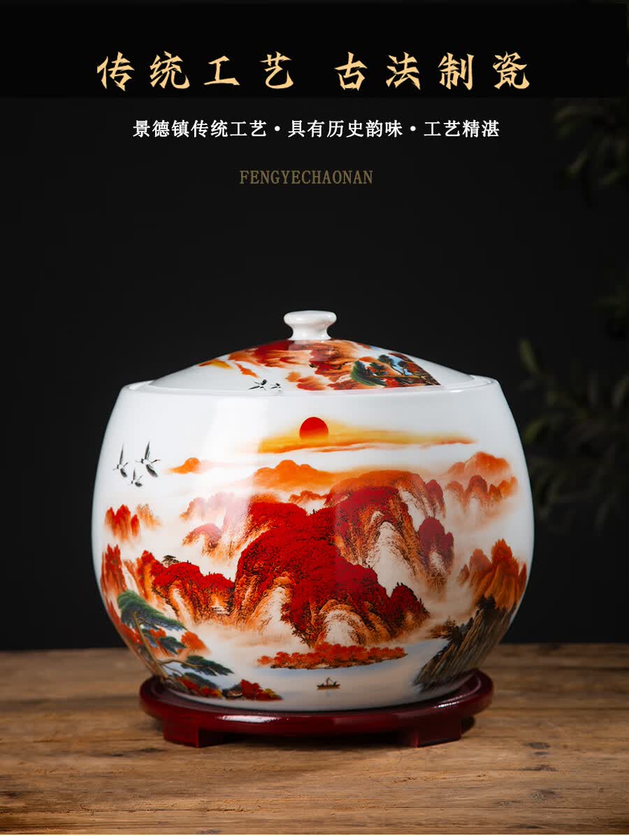 景德镇陶瓷器鸿运当头聚宝盆摆件带盖中式家居饰品客厅玄关养鱼缸