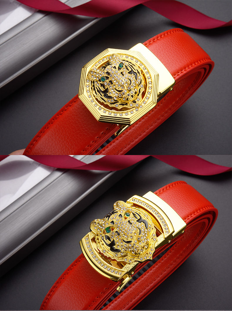 男女红皮带自动扣新婚裤腰带虎头01金色单条皮带115cm160斤以下适合