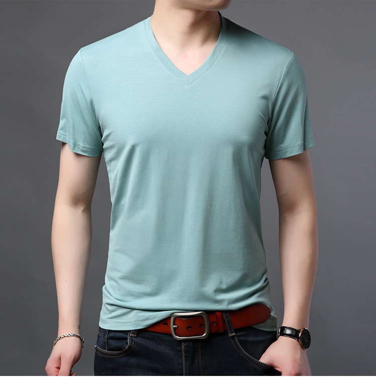 男士半袖宽松鸡心领短袖t恤男v领夏季青年色莫代尔棉低领小衫冰丝光棉