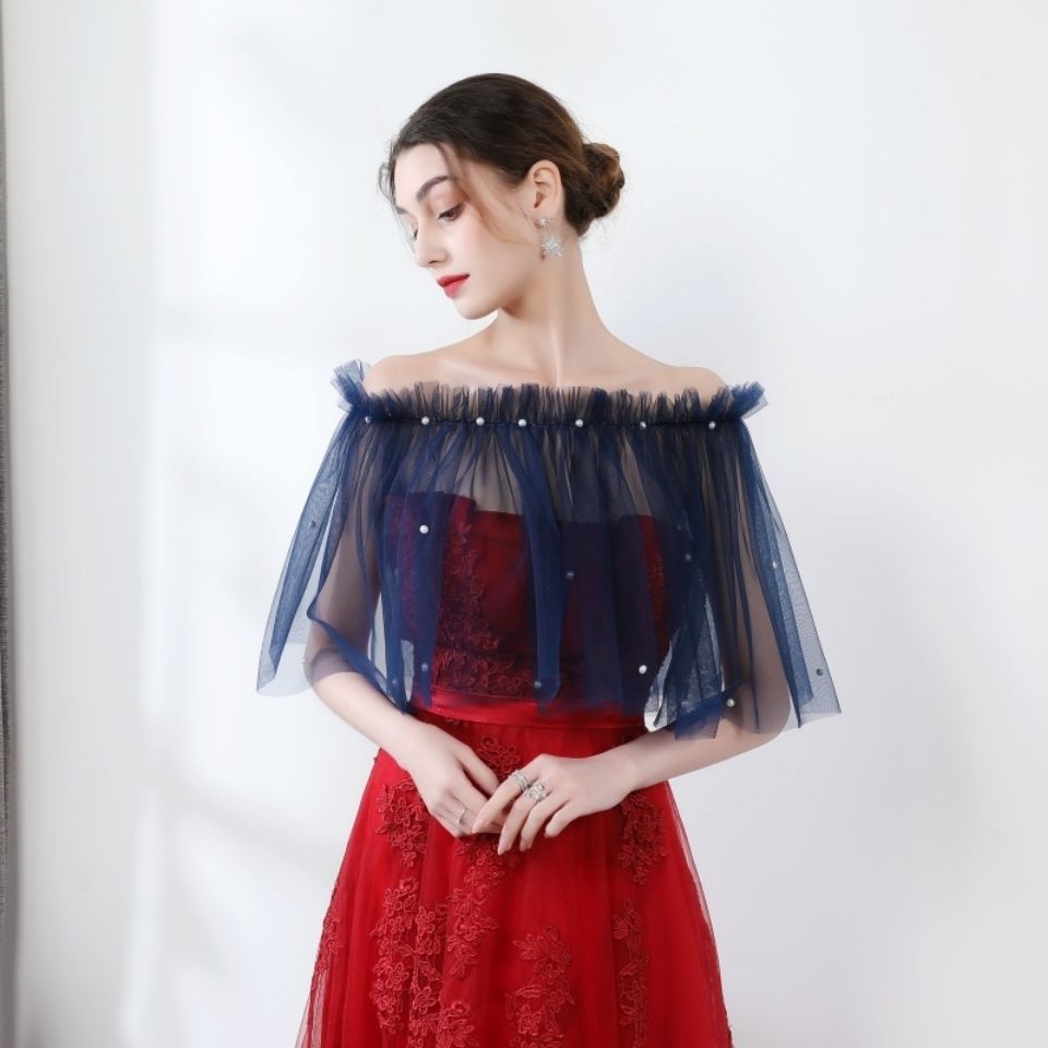 儒靓新品婚纱披肩新娘披肩红色结婚纱礼服斗篷黑网纱蕾丝披肩春夏秋薄