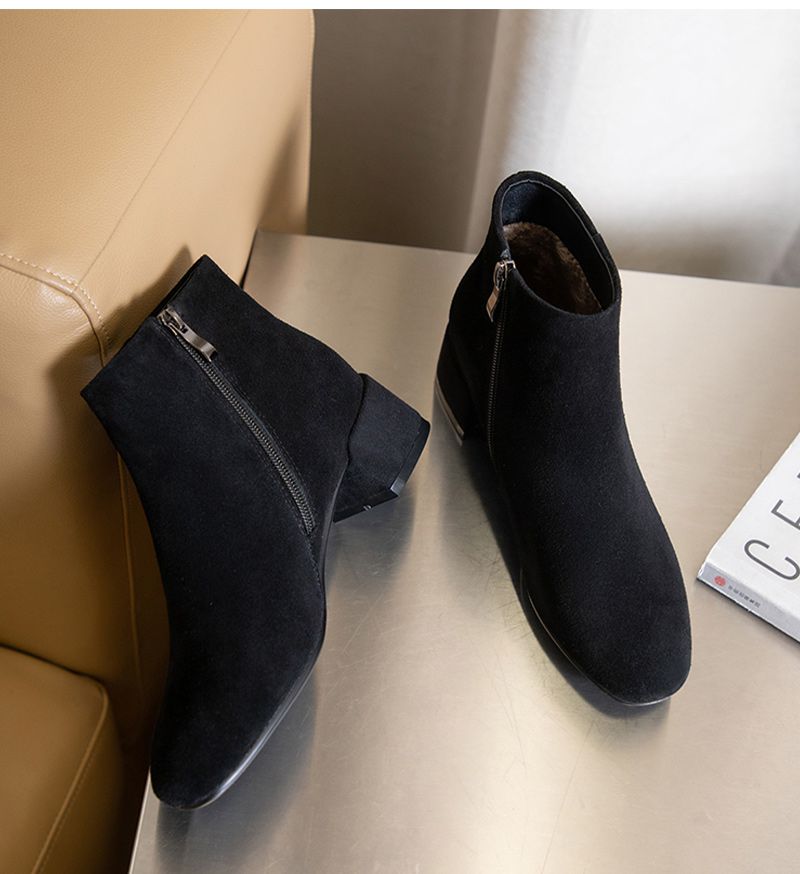 贺世哲女士翻毛皮加厚棉鞋冬季加绒磨砂方头小跟短靴粗跟低跟大码女鞋