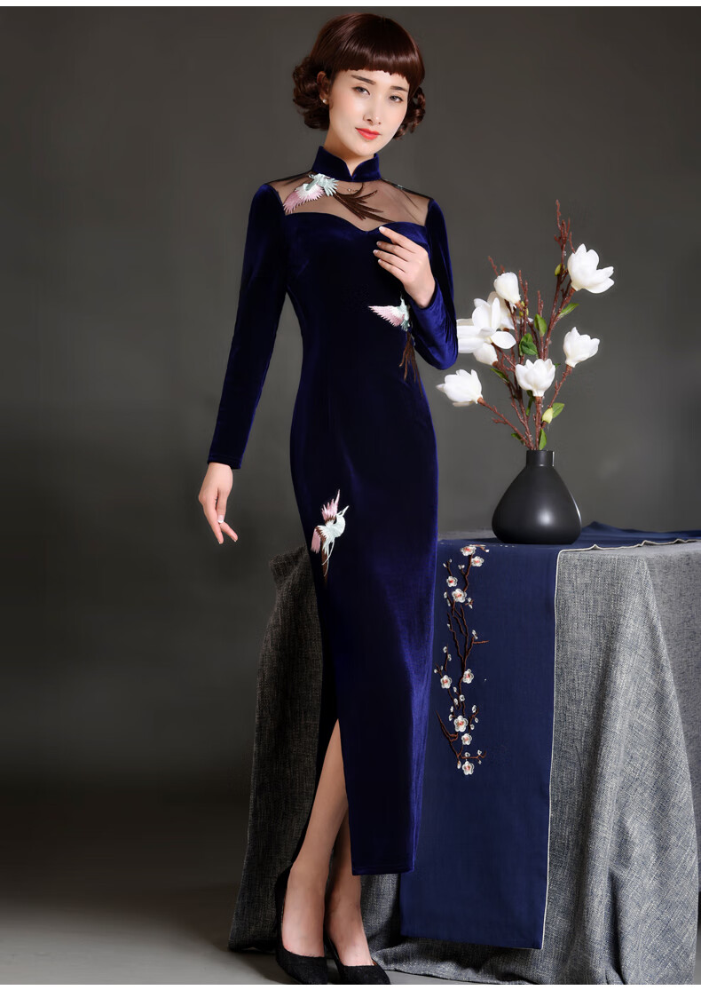 新款女长款长袖日常修身优雅丝绒旗袍裙连衣裙黑色大花长款长袖2xl