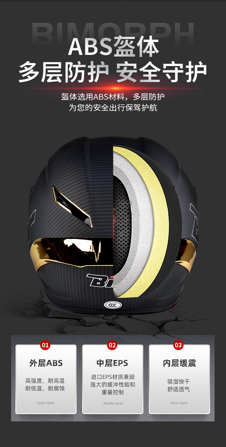 bihr头盔碳纤纹大尾翼全盔冬季蓝牙男女骑士四季摩托车机车 哑碳纤灰