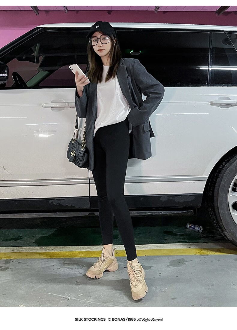 143572-宝娜斯鲨鱼皮打底裤女外穿紧身收腹提臀保暖显瘦芭比弹力瑜伽裤子 黑色-四季款 L(适合105-130斤)-详情图