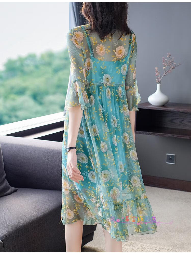 mushe轻奢品牌女装 真丝印花连衣裙女v领2020春夏女装新款桑蚕丝荷叶