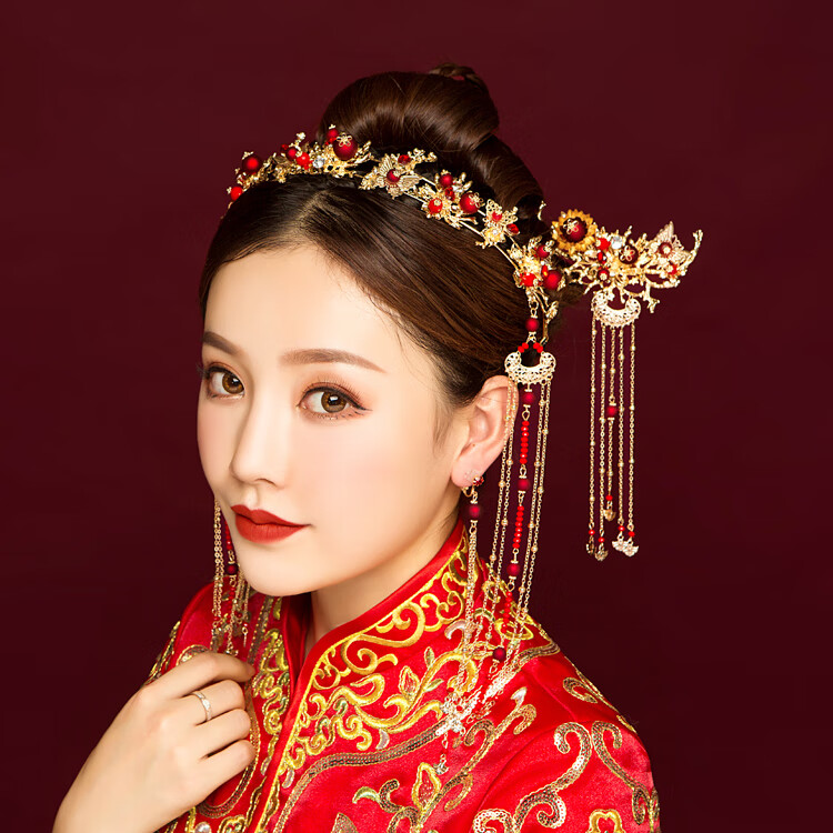 新娘古装秀禾头饰汉服中式流苏凤冠霞帔步摇秀禾服敬酒服结婚配饰