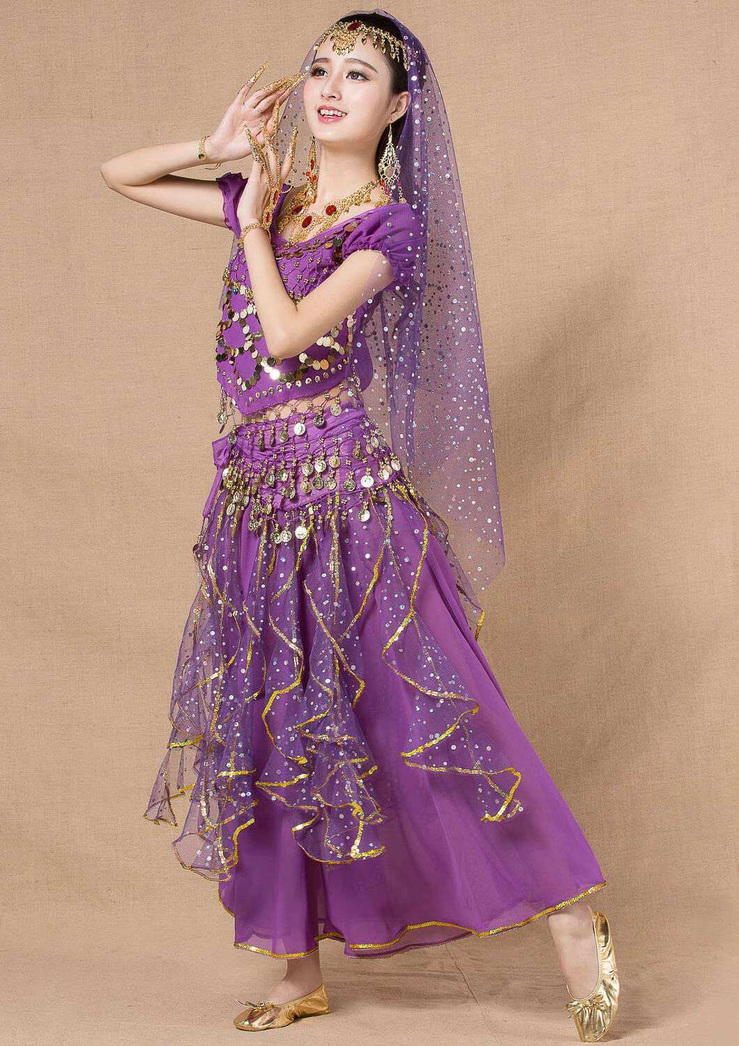 印度舞演出服新疆舞民族风表演服肚皮舞服装彩点裙跳舞蹈套装大红四