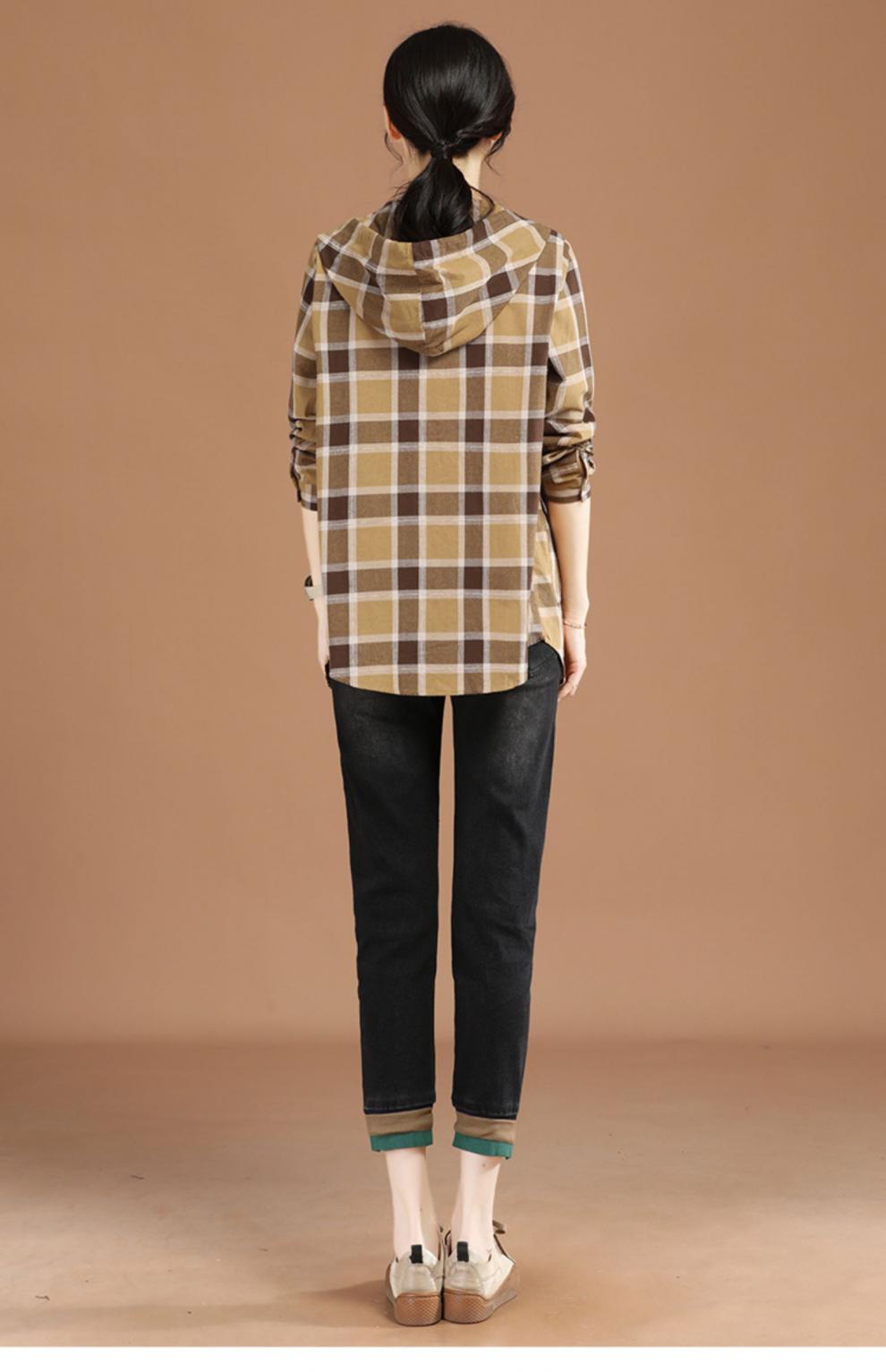 韩潮袭人连帽长袖中长款格子衬衫外套女2022新款春百搭上衣黄色m