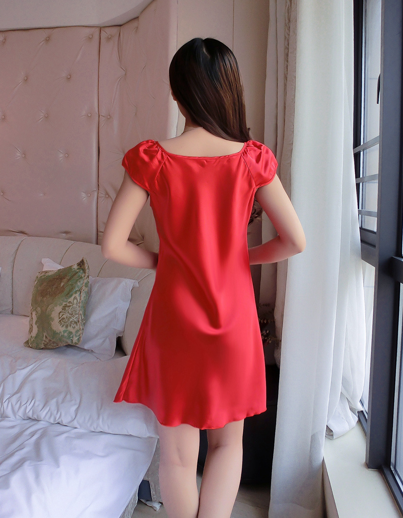 仿丝绸性感吊带裙睡衣女夏季短裙吊带睡裙短袖仿真丝睡裙3003大红xxl