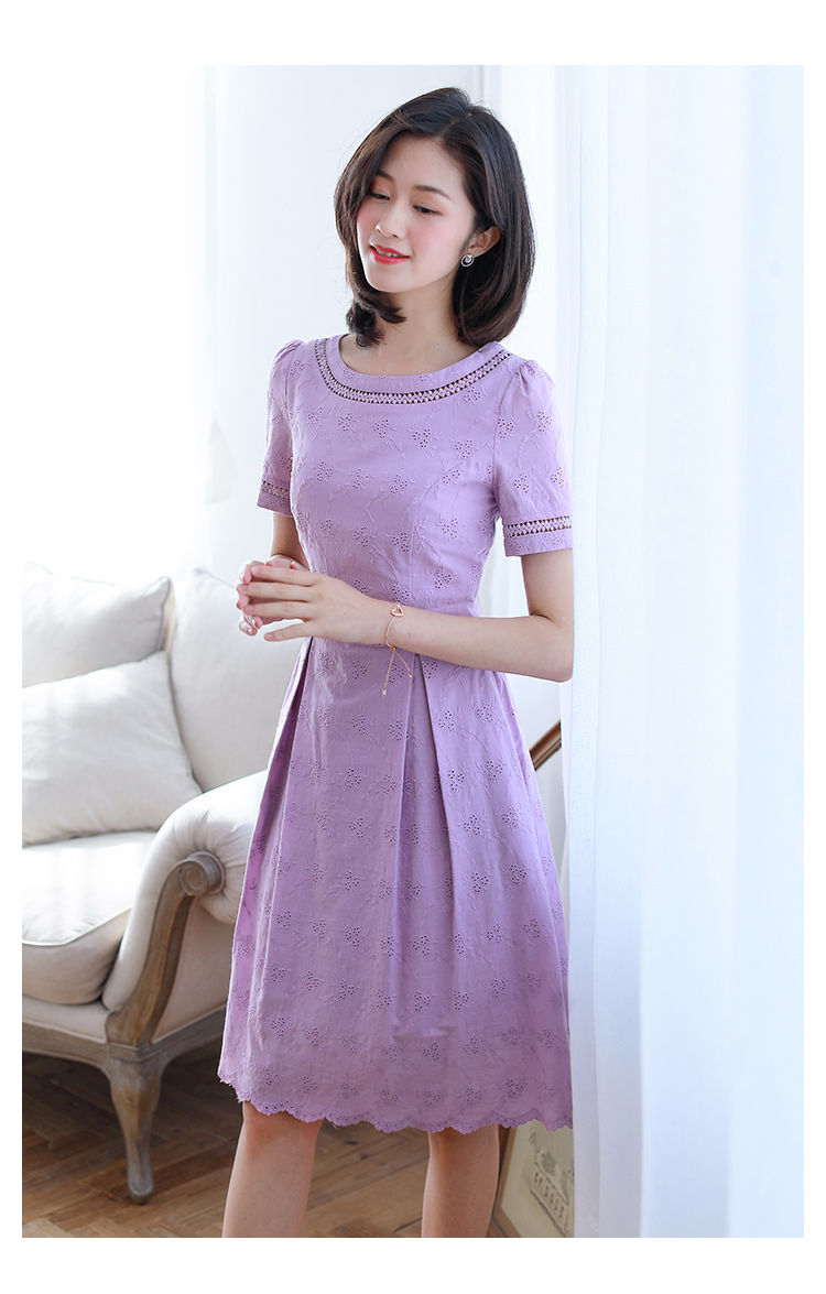 花纯棉紫色绣花连衣裙2020新款夏季优雅气质修身显瘦淑女裙子 紫色 s