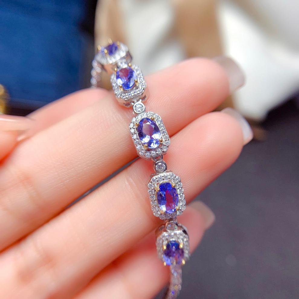 宝札坦桑石手链 主石4*6mm925银镶嵌紫蓝色宝石手链【图片 价格 品牌