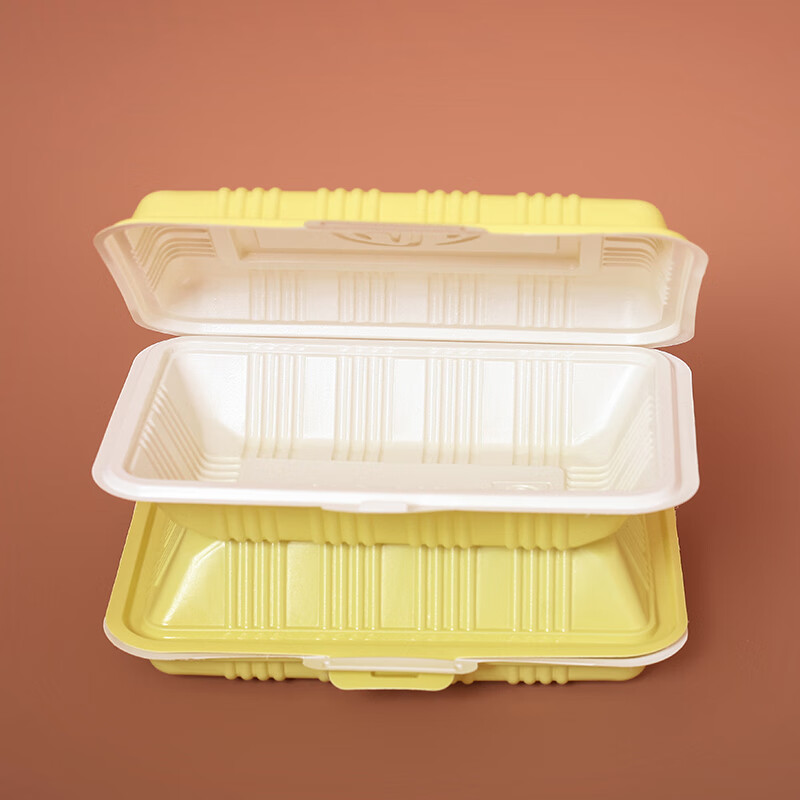 打包盒黄白方形塑料连体炒饭外卖烧考快餐盒300毫升黄白米饭盒100套