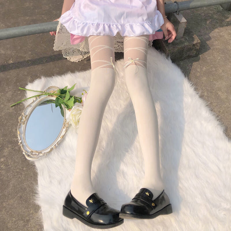 衣】夏季薄款甜美白丝系带蝴蝶结条纹连裤袜可爱天鹅绒丝袜拼接打底裤