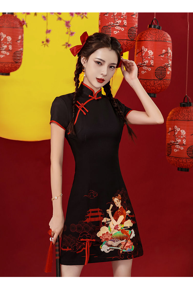 旗袍女夏改良连衣裙旗袍国潮旗袍2022年新款年轻款少女改良版夏季黑色