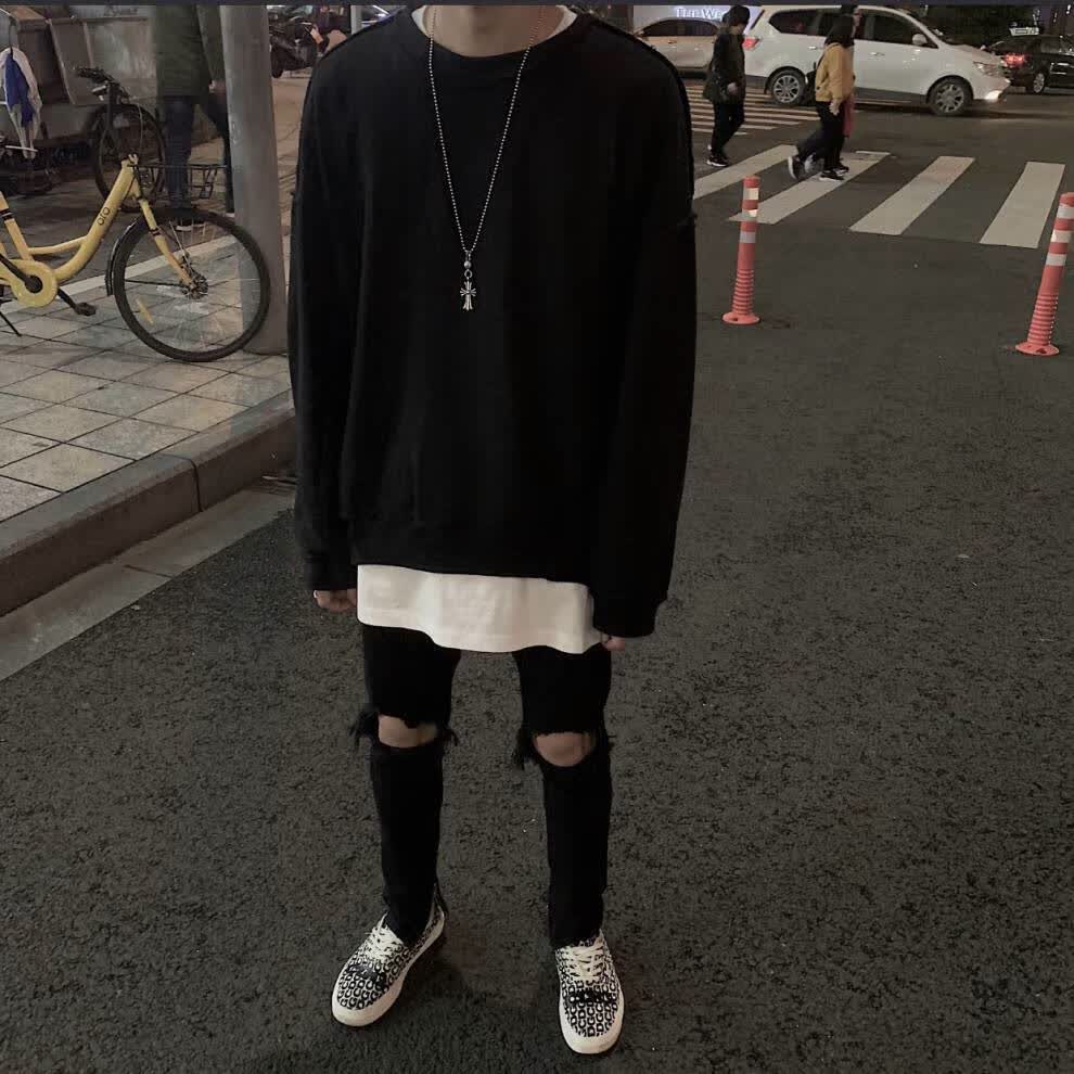 fog风格复古高街破洞牛仔裤长裤修身小脚牛仔裤男ins牛仔裤潮男 黑色