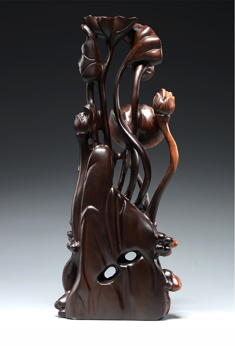 杞记木雕刻年年有鱼根雕荷花摆件家居根雕装饰工艺品新婚乔迁送礼精雕