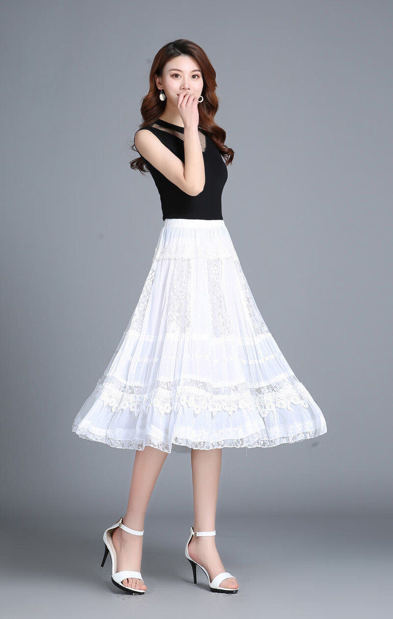 妈妈裙子松紧腰中年妇女广场舞大摆裙女式半截裙下半身裙子米白色均码