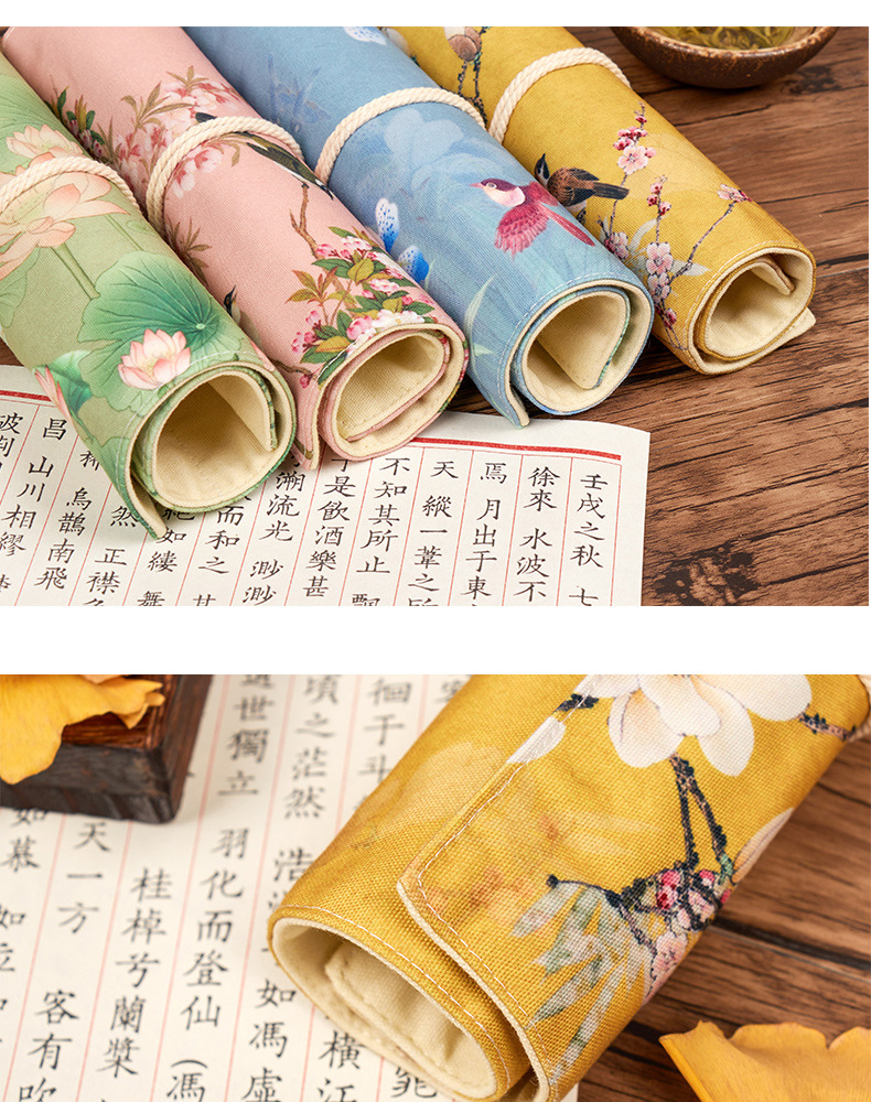 路小雅 古风卷帘笔袋卷式中国风复古简约素描文具笔袋国画花鸟荷花