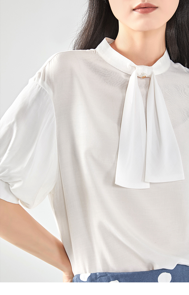 艾莱依夏季新款显瘦雪纺领结衬衫女宽松上衣6019aa22095冬日蓝170