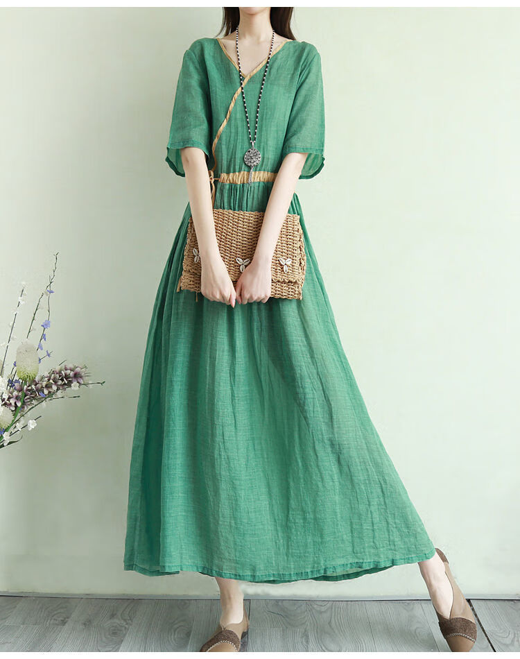 素订高端棉麻连衣裙女2022新款复古文艺色拼接夏季宽松显瘦系带收腰
